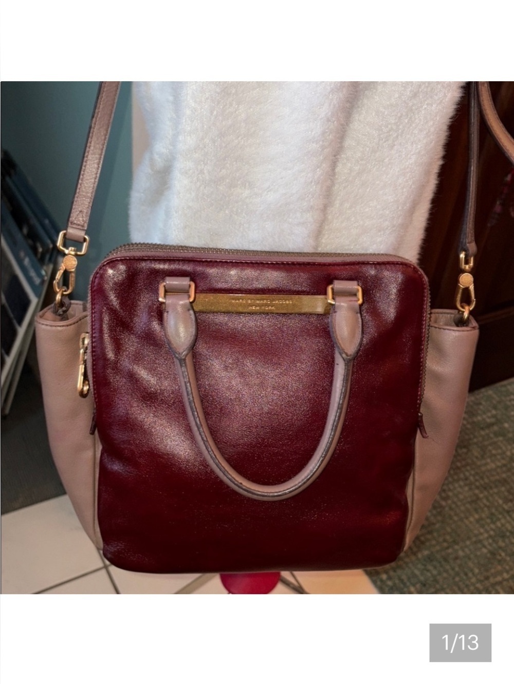 Marc Jacobs  Satchel  Crossbody bag leather taupe/ burgundy/brass hw 3 Compartme